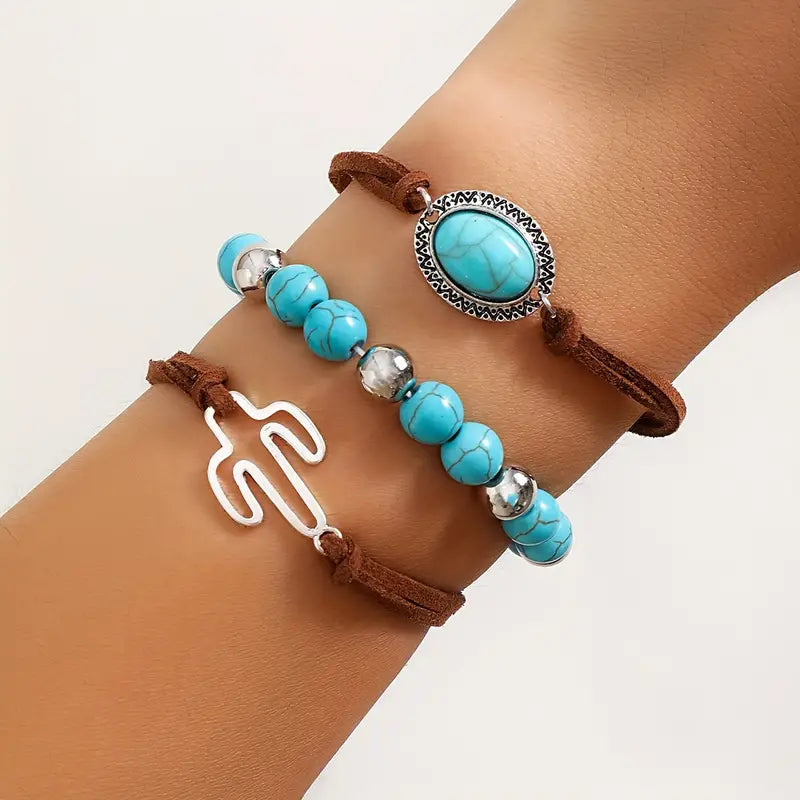 3pcs Vintage Western Style PU Leather Bracelet Set With Turquoise Beads Stackable Hand Jewelry