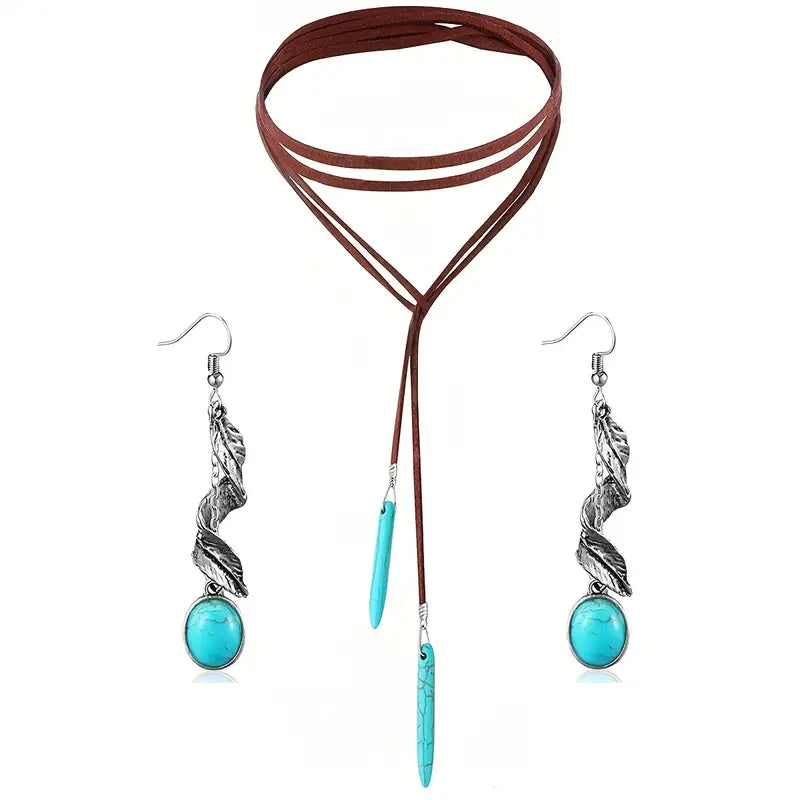 Bohemian Natural Stone Necklace Turquoise Pendant Personality Turquoise Feather Spiral Earrings Retro Necklace Earrings Set
