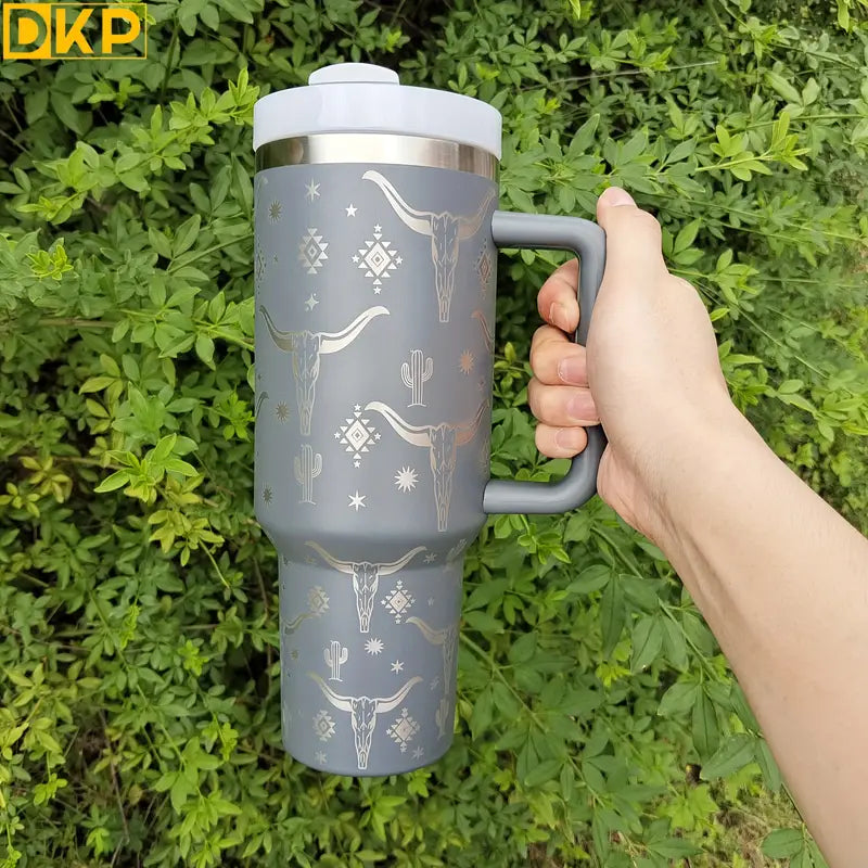 40oz Cowhead Pattern Tumbler Stainless Steel Insulated Cup With Lid and Straw