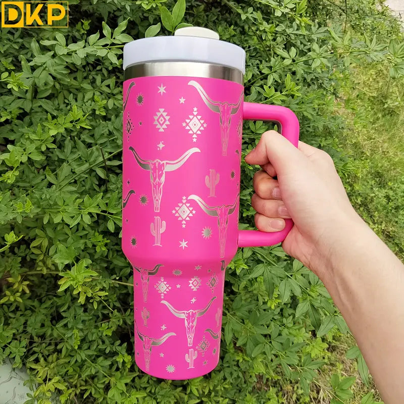 40oz Cowhead Pattern Tumbler Stainless Steel Insulated Cup With Lid and Straw