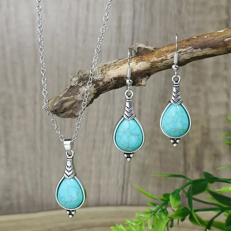 1 Pair Of Earrings + 1 Necklace Boho Style Jewelry Set Inlaid Turquoise
