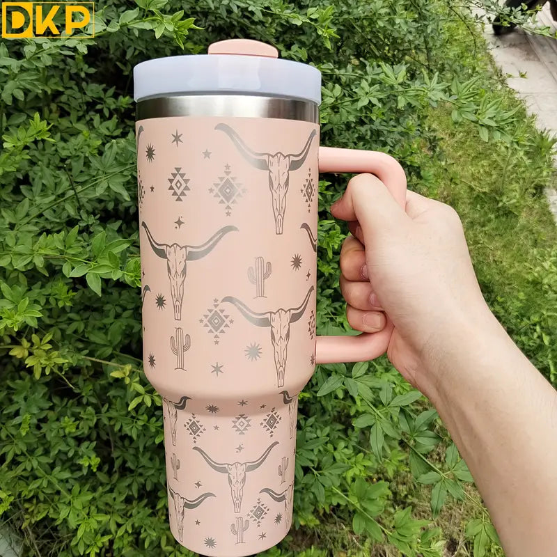 40oz Cowhead Pattern Tumbler Stainless Steel Insulated Cup With Lid and Straw