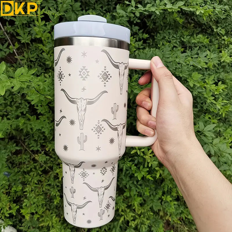 40oz Cowhead Pattern Tumbler Stainless Steel Insulated Cup With Lid and Straw