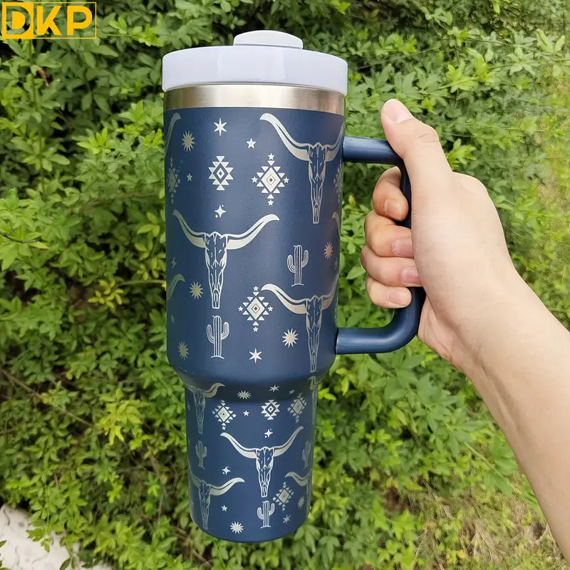 40oz Cowhead Pattern Tumbler Stainless Steel Insulated Cup With Lid and Straw