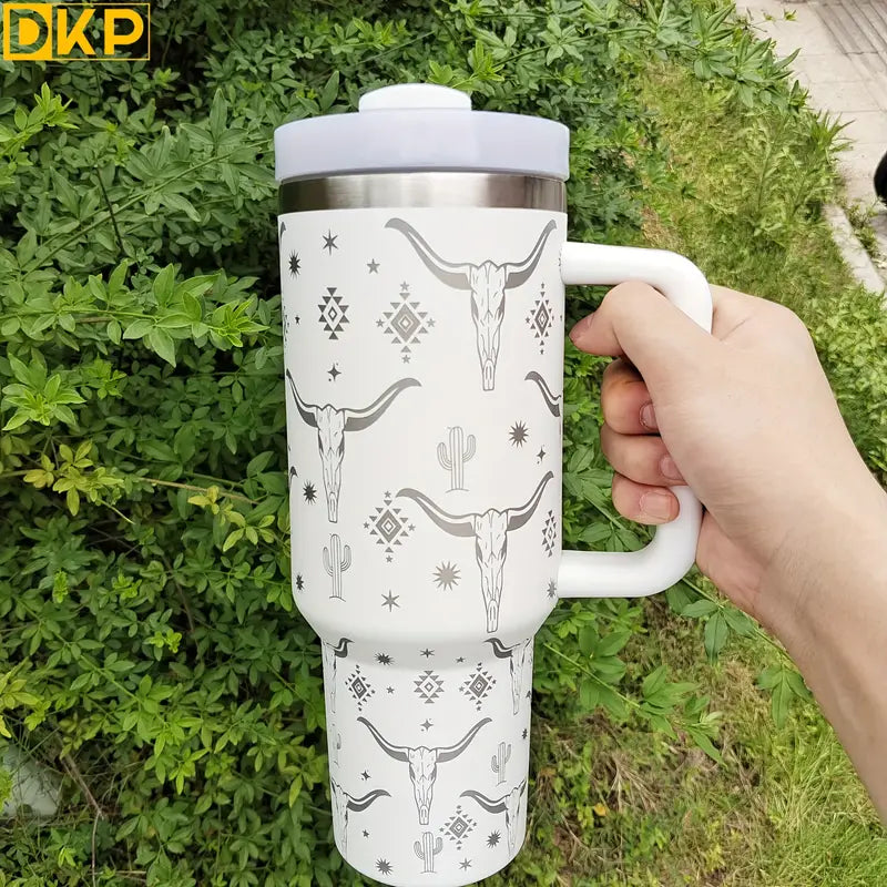 40oz Cowhead Pattern Tumbler Stainless Steel Insulated Cup With Lid and Straw